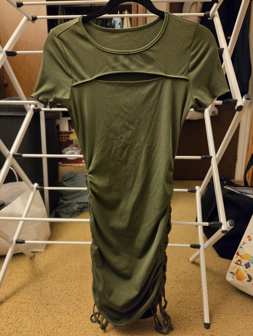 Olive Green Ruched Cutout Short-Sleeve Dress
